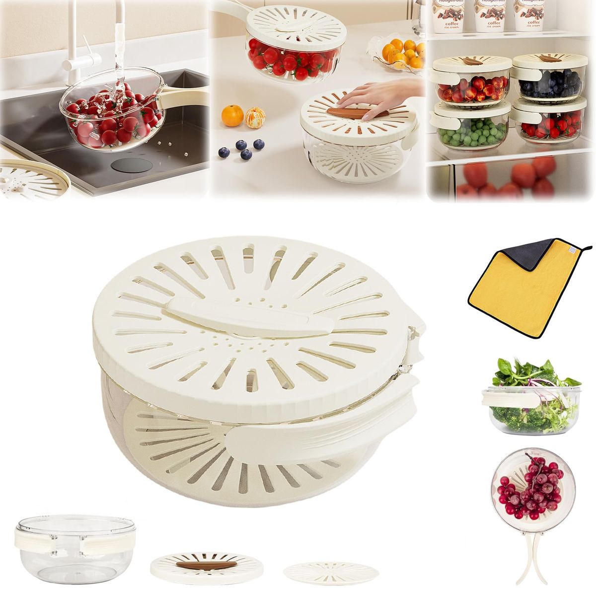 Cesta Escurridora de Alimentos y Frutas con Tapa Ventilada , Cesta multiusos con tapa ventilada para lavar, escurrir y conservar frutas, verduras y otros alimentos frescos y organizados.