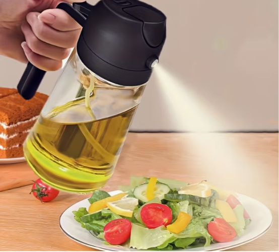 Dispensador de Aceite 2 en 1 con Spray Botella dispensadora de aceite con doble función: vierte o rocía, para cocinar con más control y menos desperdicio.