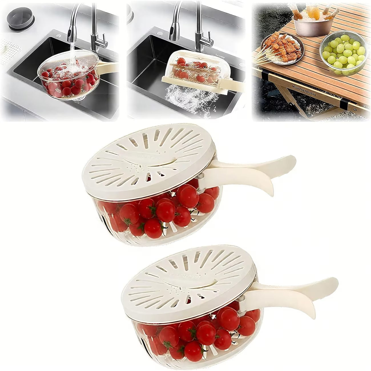 Cesta Escurridora de Alimentos y Frutas con Tapa Ventilada , Cesta multiusos con tapa ventilada para lavar, escurrir y conservar frutas, verduras y otros alimentos frescos y organizados.
