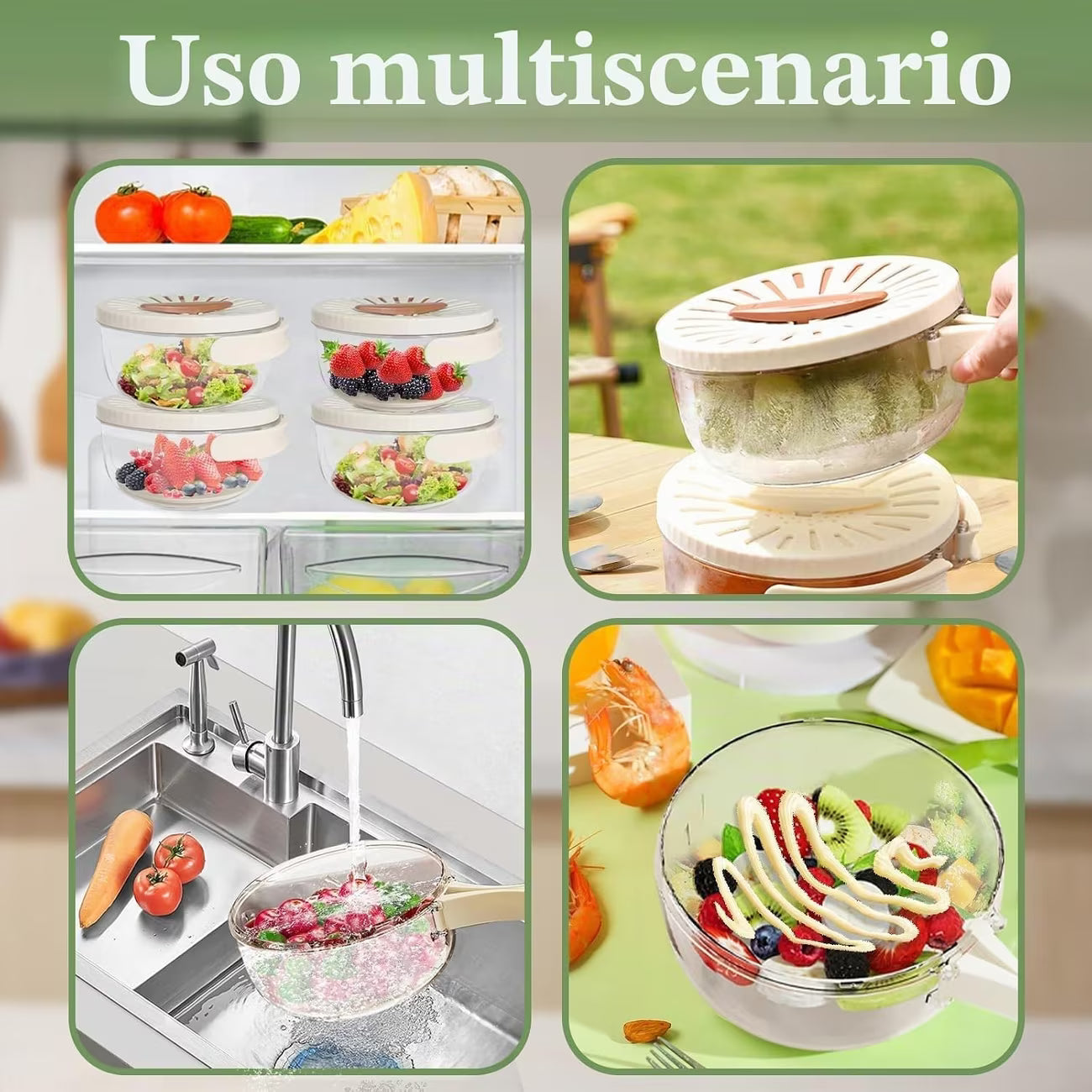 Cesta Escurridora de Alimentos y Frutas con Tapa Ventilada , Cesta multiusos con tapa ventilada para lavar, escurrir y conservar frutas, verduras y otros alimentos frescos y organizados.