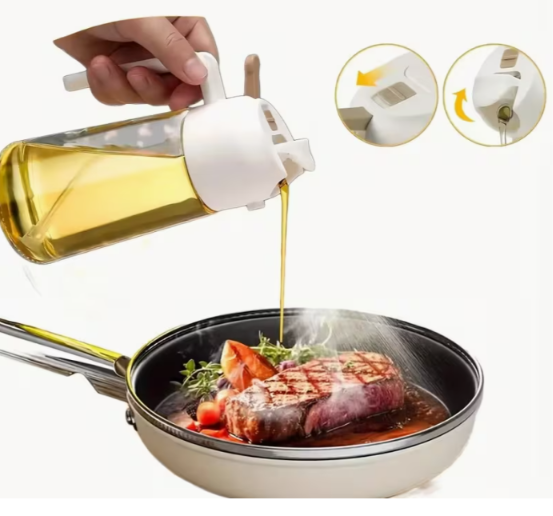 Dispensador de Aceite 2 en 1 con Spray  Botella dispensadora de aceite con doble función: vierte o rocía, para cocinar con más control y menos desperdicio.