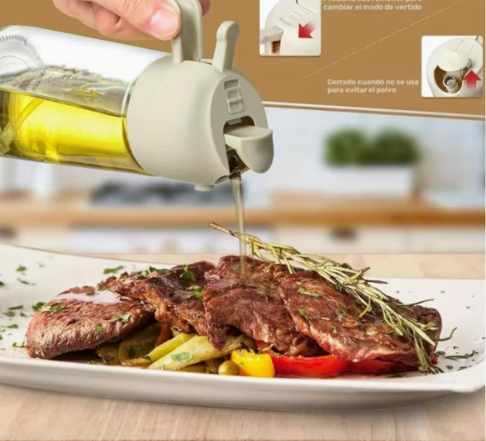 Dispensador de Aceite 2 en 1 con Spray  Botella dispensadora de aceite con doble función: vierte o rocía, para cocinar con más control y menos desperdicio.