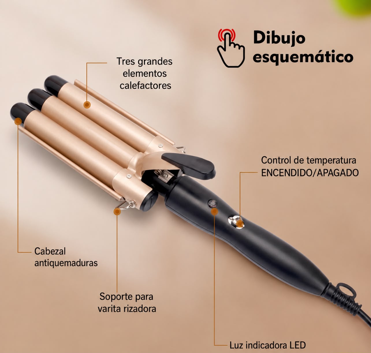 Ondulador de Cabello de 3 Barriles  Ondulador de cabello que crea ondas grandes, suaves y voluminosas para un look romántico y con volumen. Compacto y portátil, ideal para el hogar o para llevar de viaje.